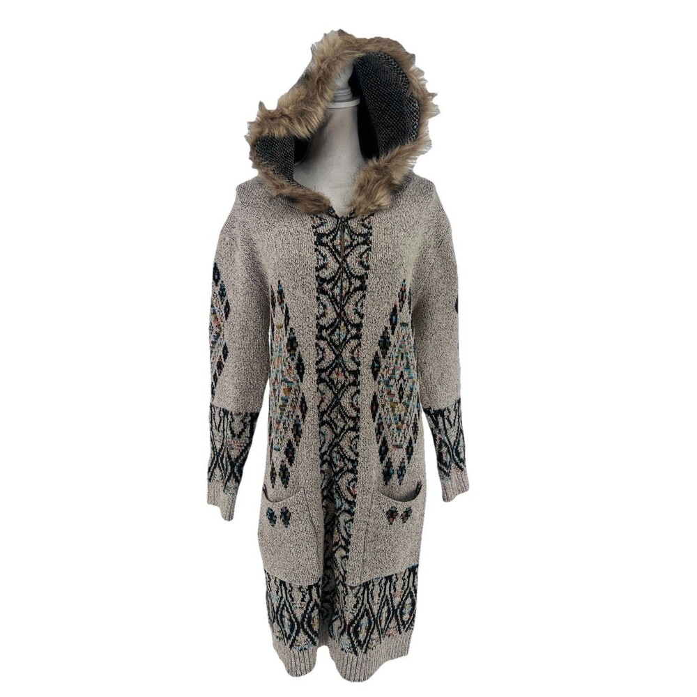 Northern Angel Hooded Zip Cardigan Large Southwest Aztec Boho Faux Fur Long